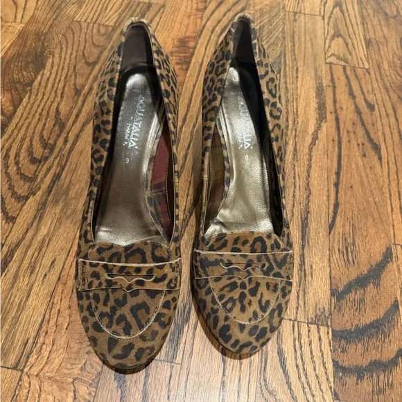 Aquatalia Leopard Suede Block Heel Loafers Size 9 - Picture 2 of 7